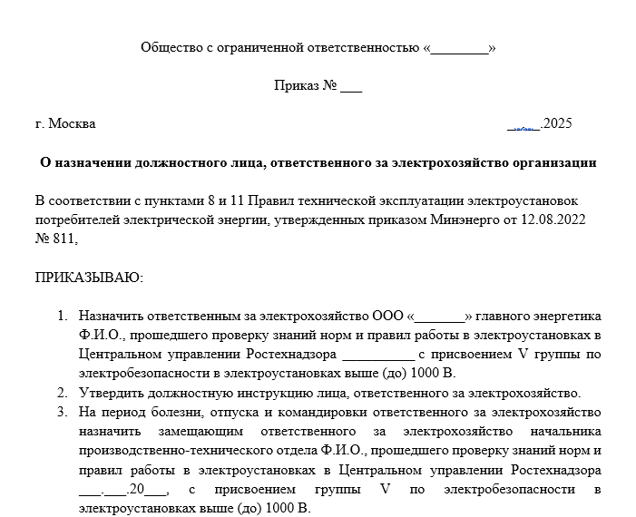 Официальный образец приказа о назначении ответственного за электрохозяйство в организации