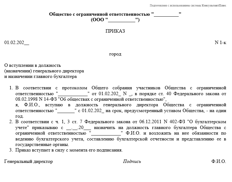 Приказ о назначении гендиректора и главбуха ООО