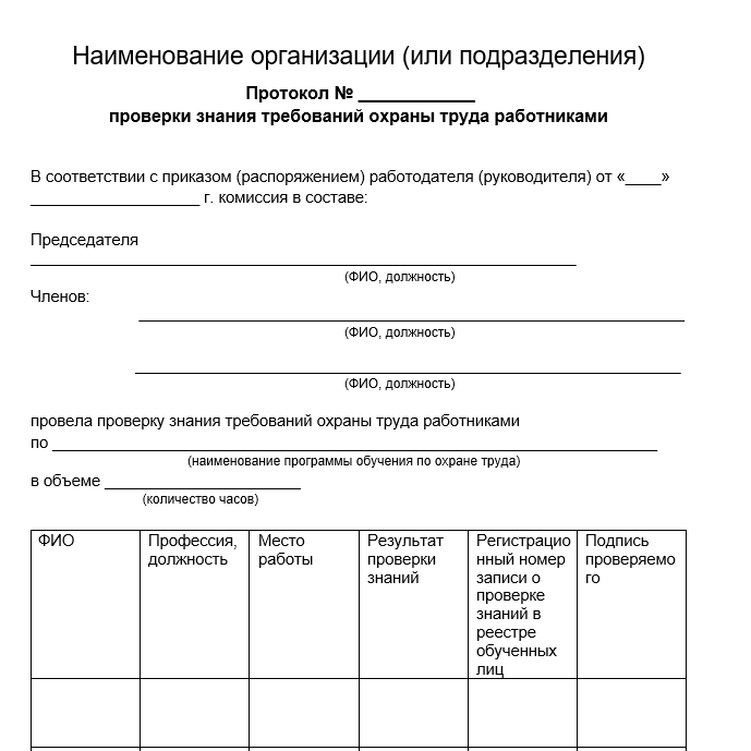 Протокол проверки знаний требований охраны труда
