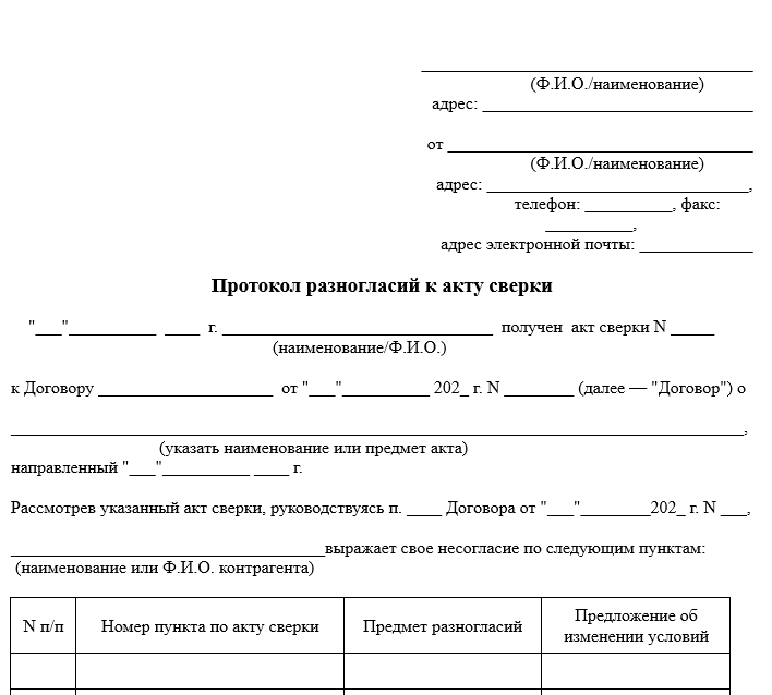 Образец протокола разногласий к акту сверки взаиморасчётов