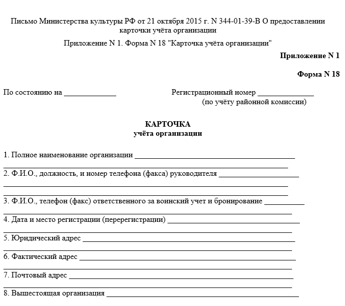 Карточка учёта организации для военкомата