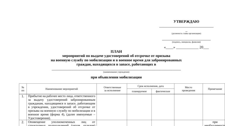 Бланк плана по бронированию сотрудников