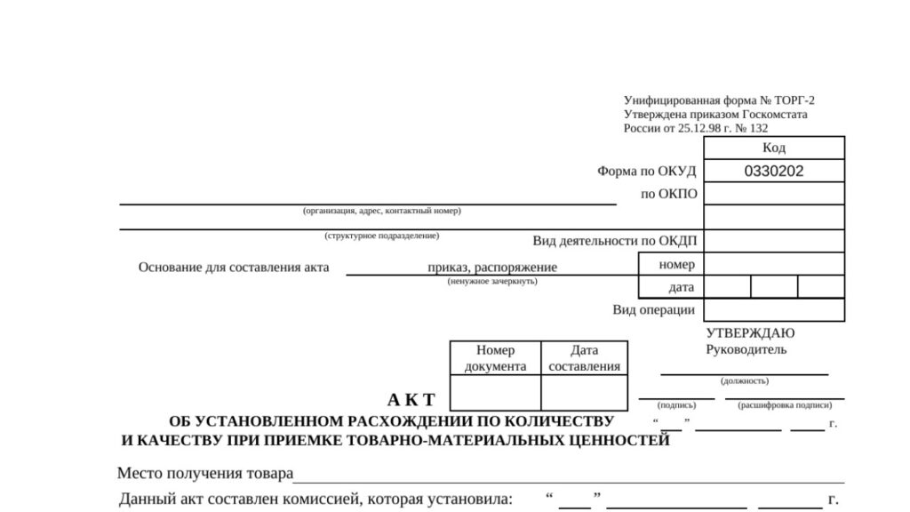 Акт об установленном расхождении по количеству и качеству при приёмке товарно-материальных ценностей (форма ТОРГ-2)